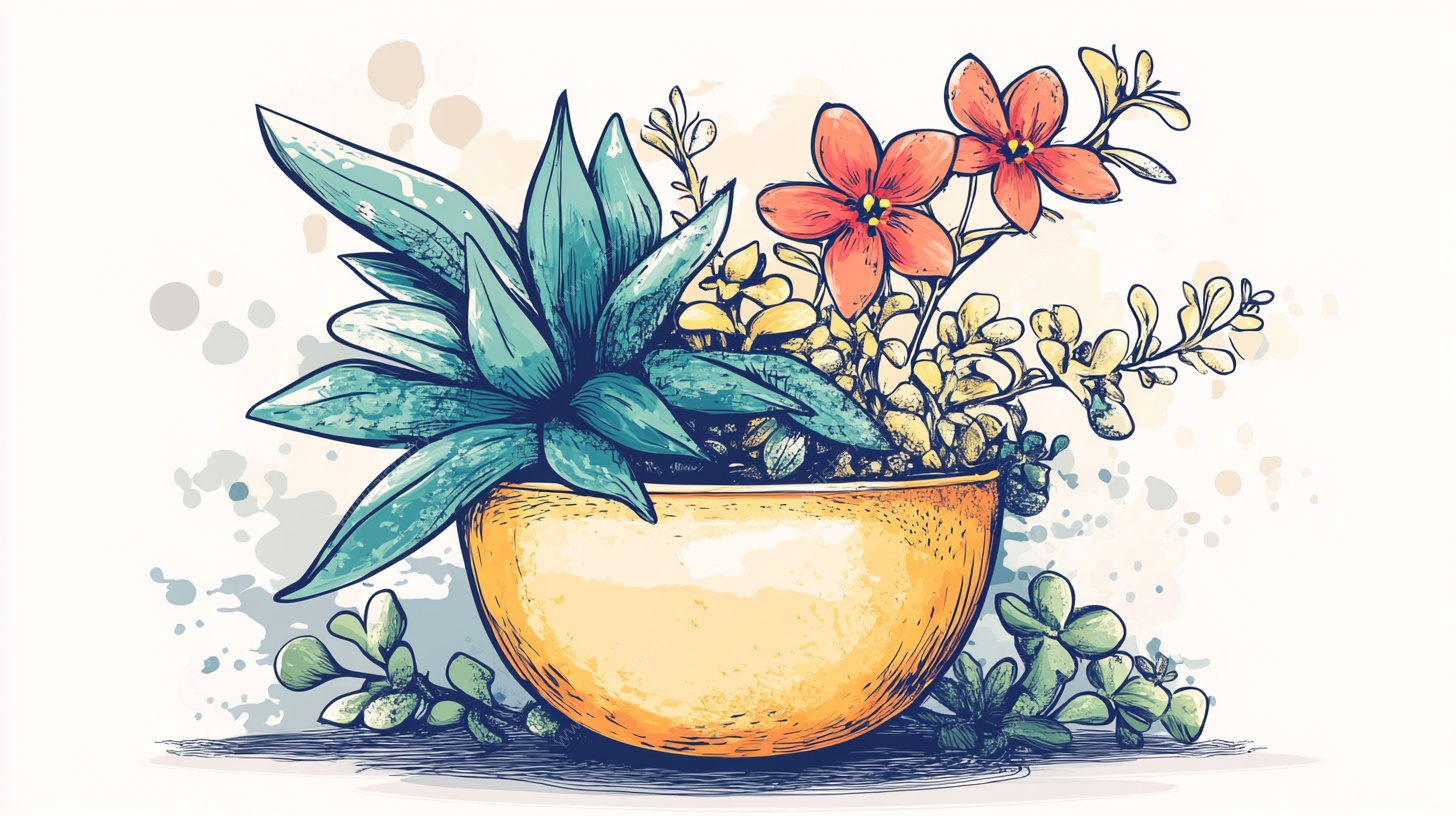 手绘多肉盆栽插画