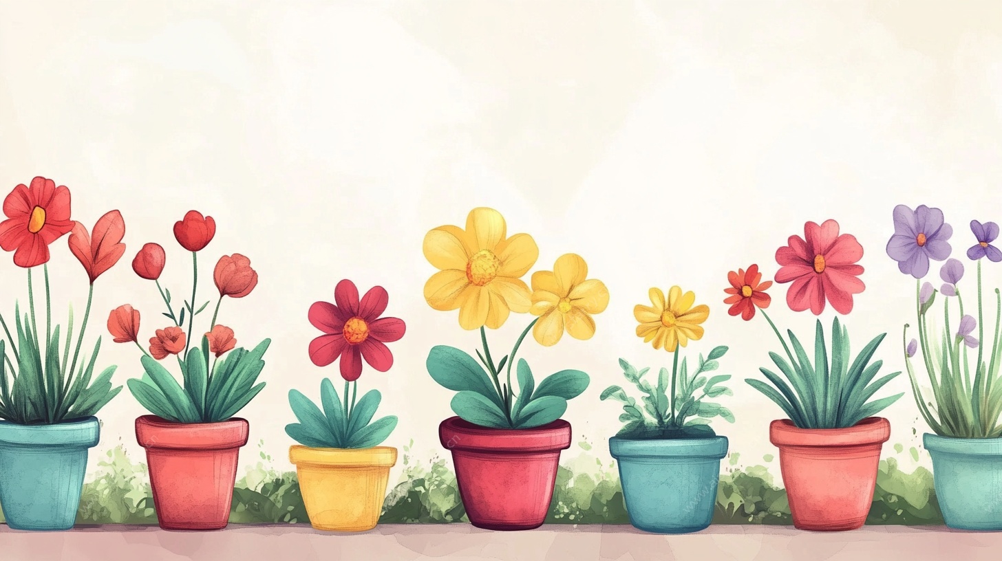 一排多彩盆栽花卉图