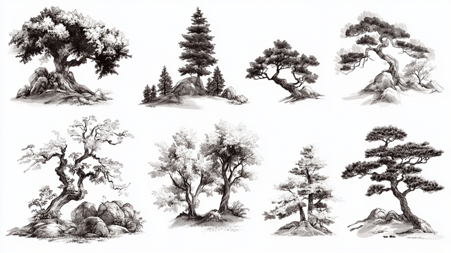 水墨风格树木插画集合