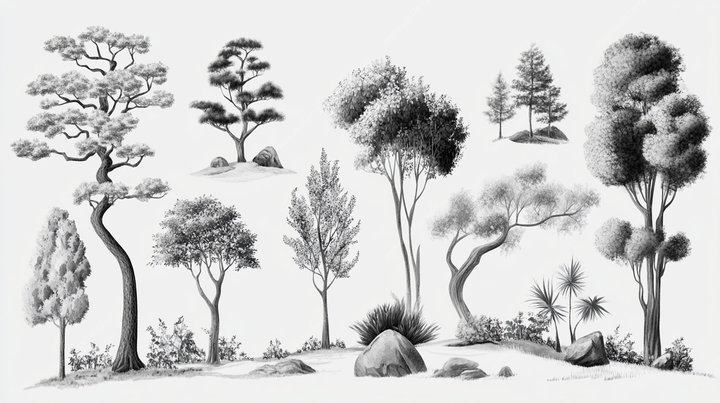 黑白树木景观插画
