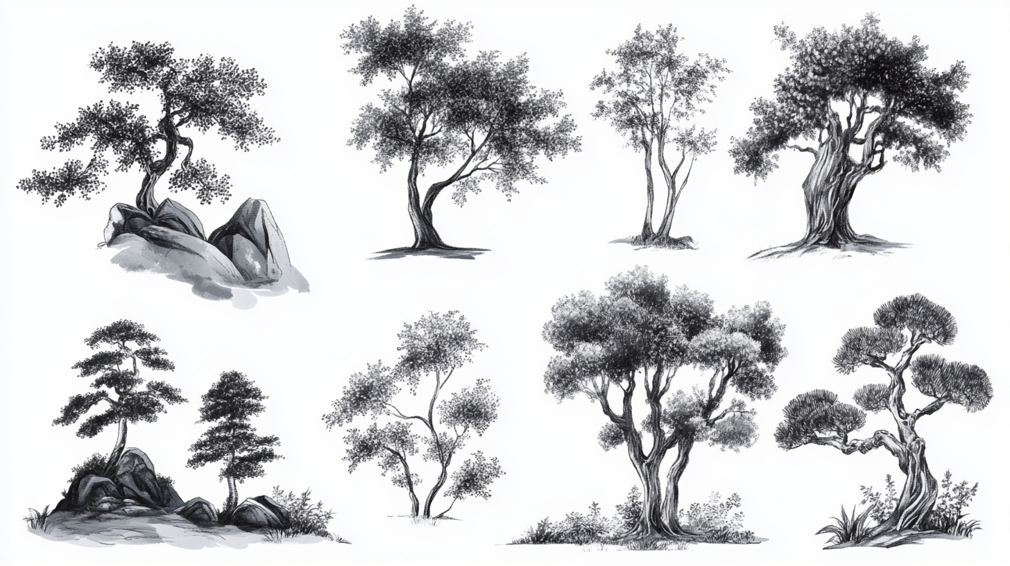 水墨风格树木插画集合