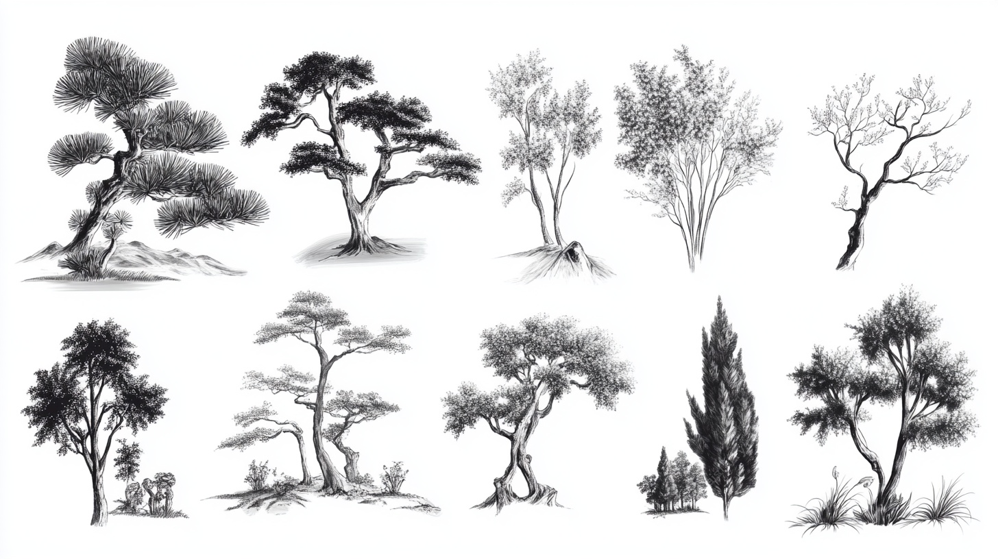 水墨风格树木插画集合