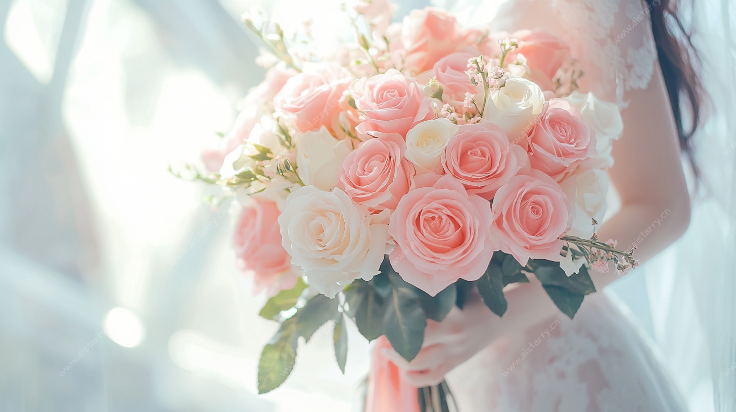 新娘手捧浪漫粉白玫瑰花束