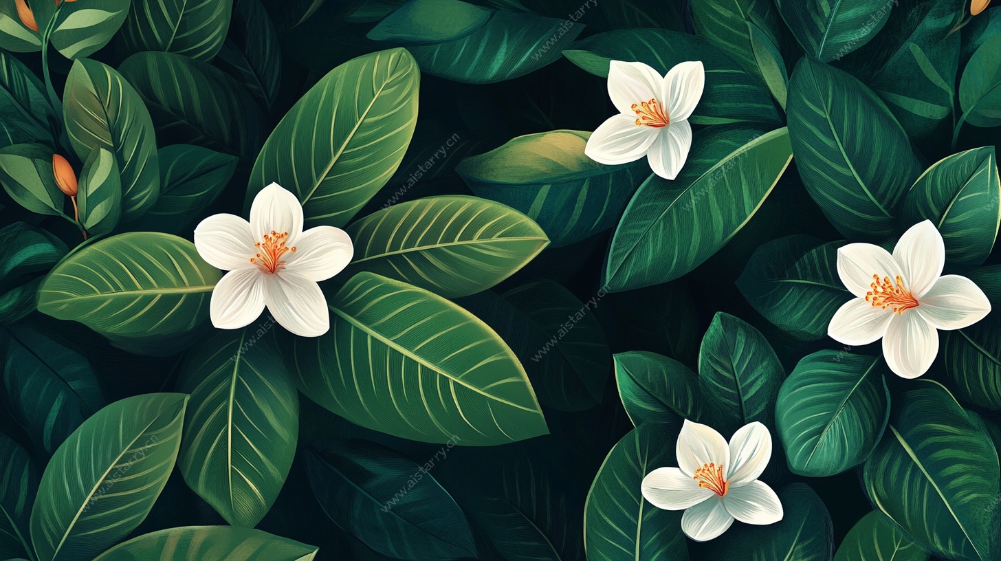 清新白花绿叶植物图案
