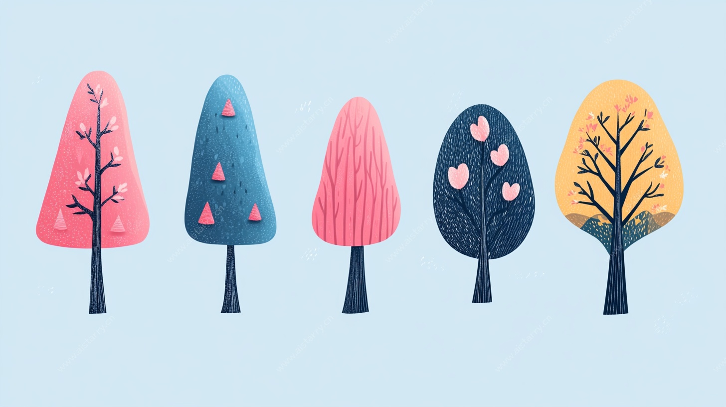 多彩卡通风格树木插画