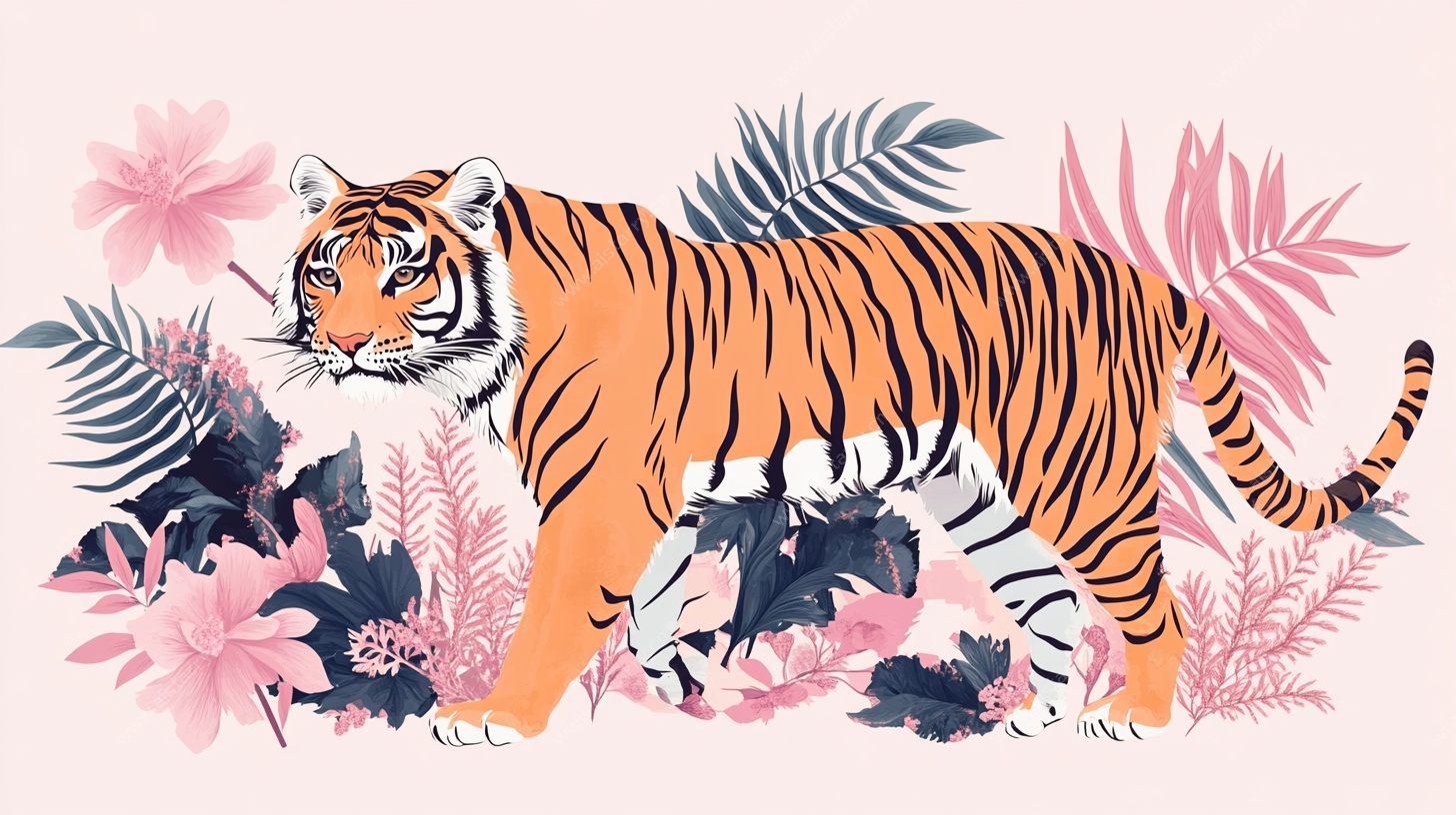 漫步花丛的老虎插画