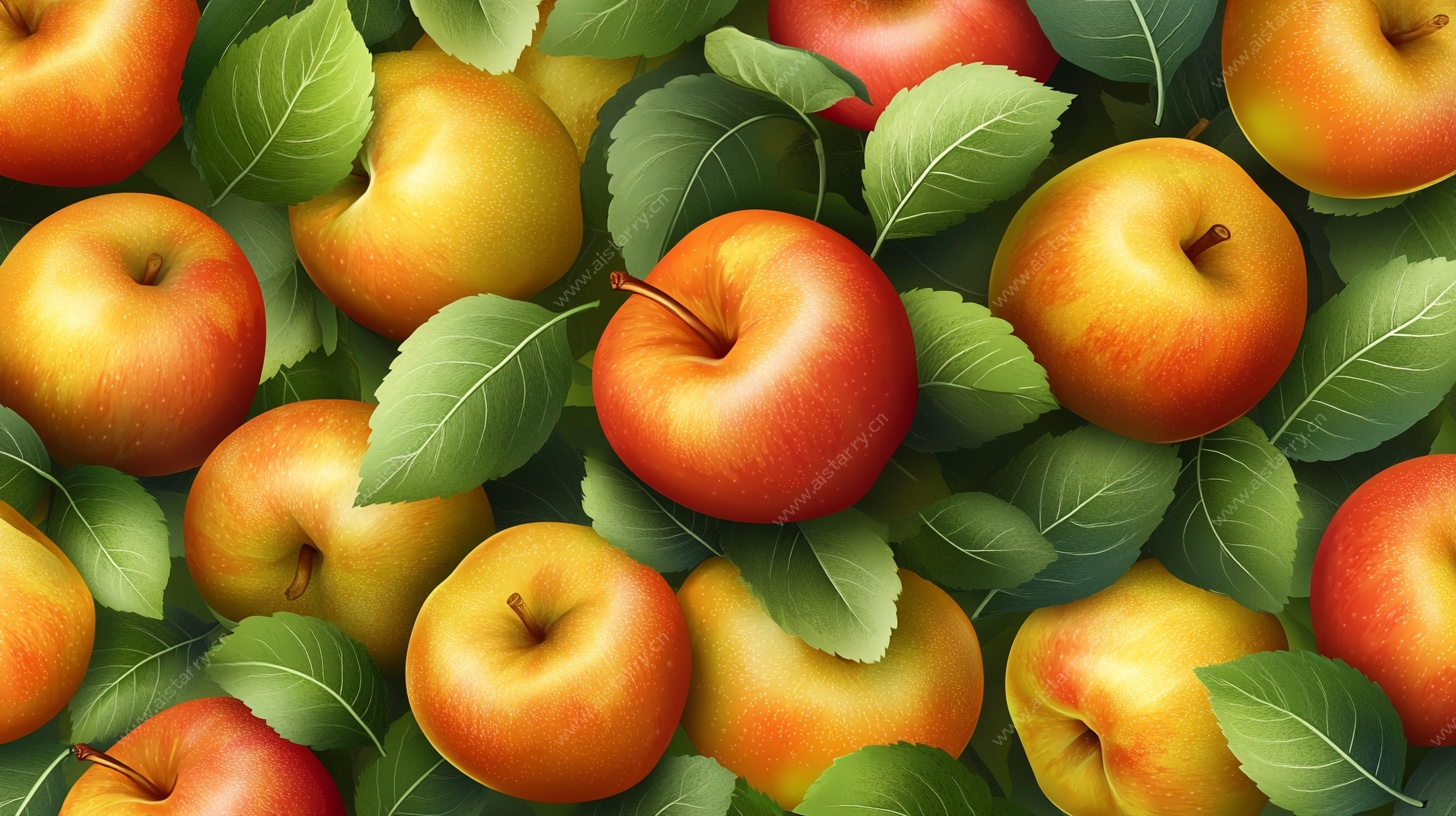 饱满苹果与绿叶图案背景