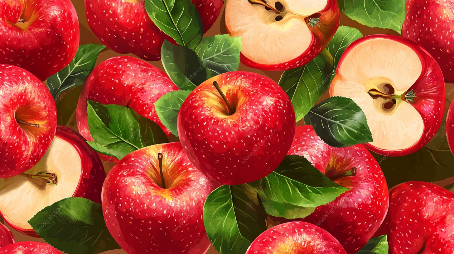 红苹果绿叶无缝图案