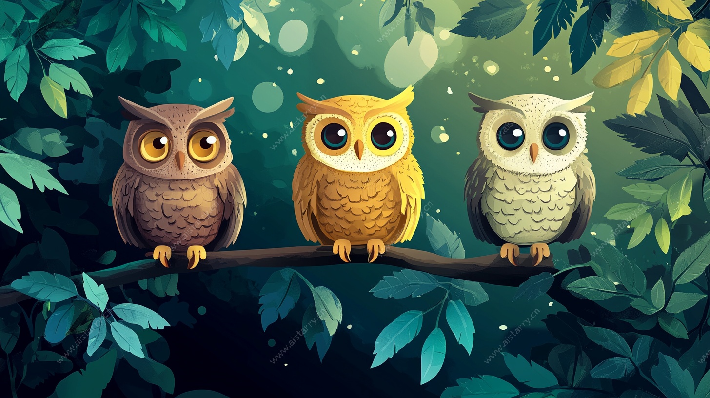 三只萌趣猫头鹰栖于枝头