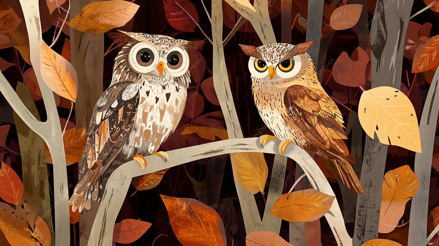 枝头双猫头鹰图