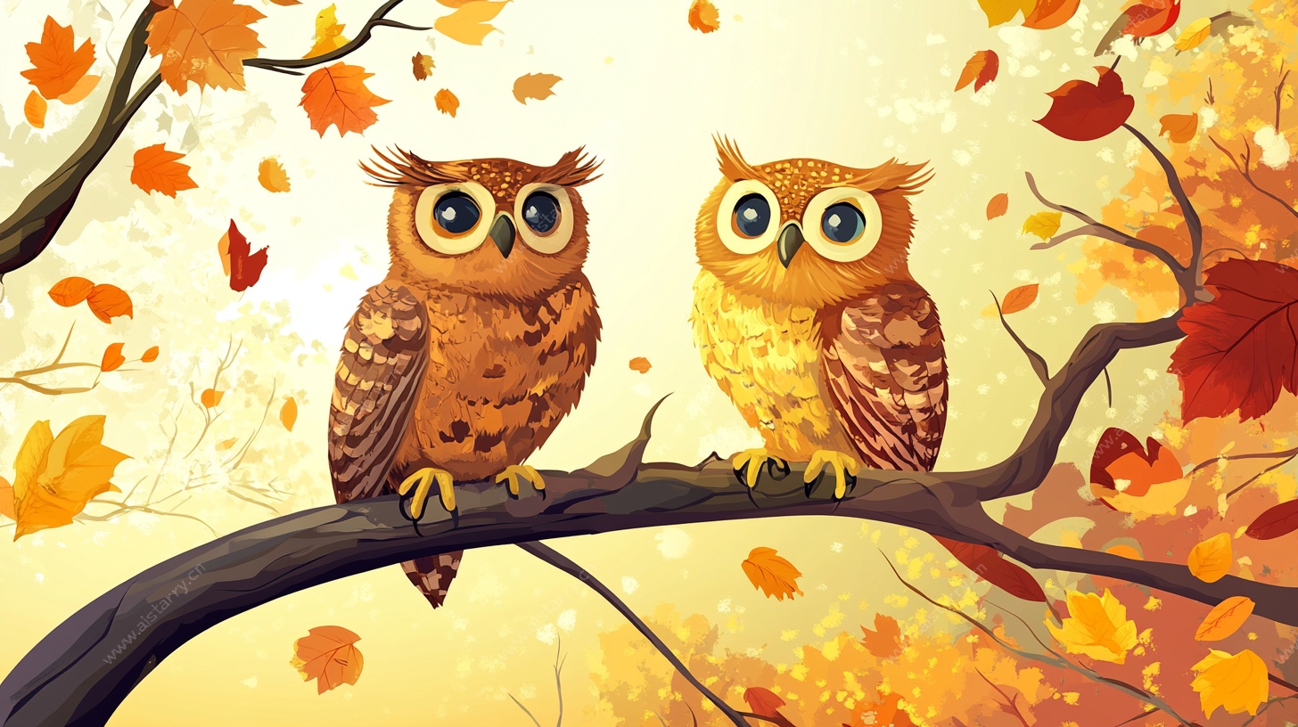 秋日枝头双猫头鹰图