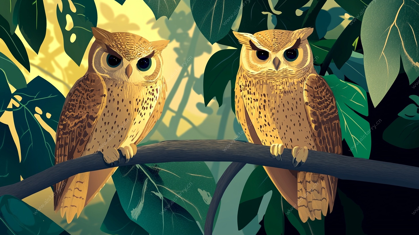 树枝上的双猫头鹰插画