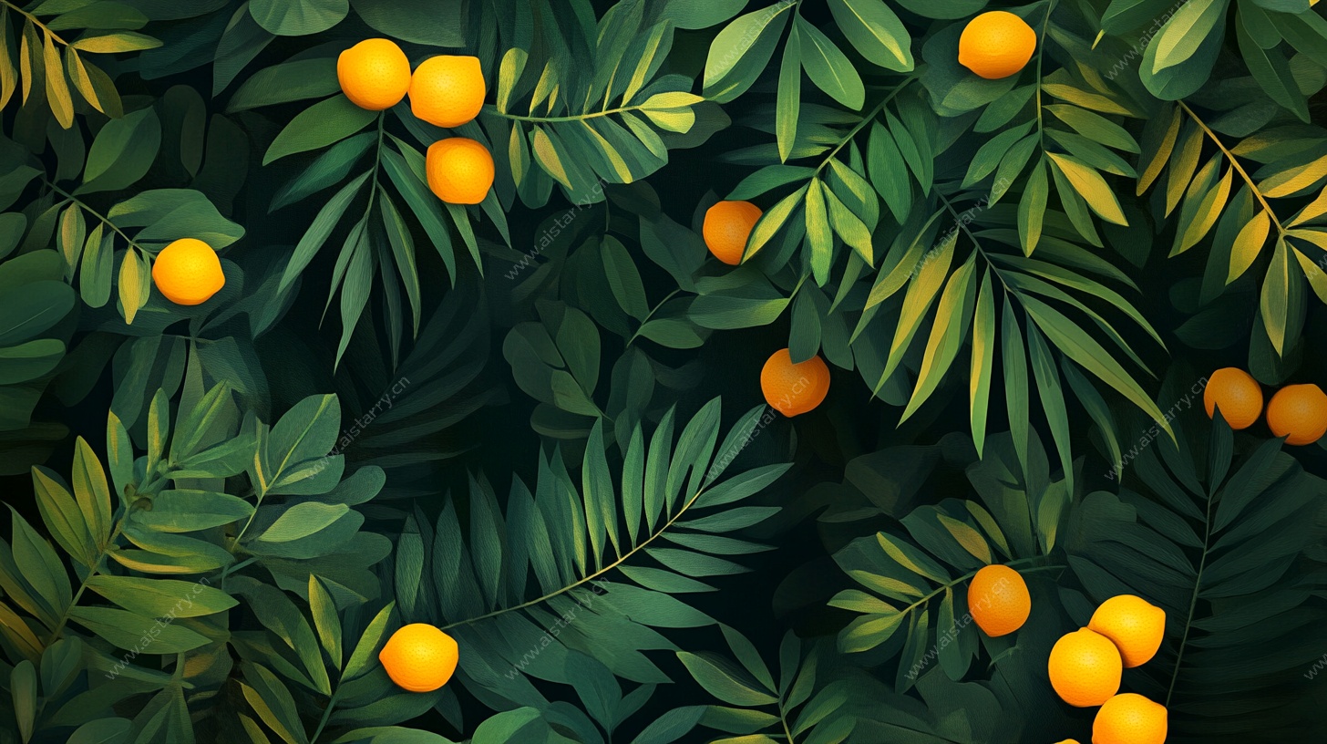 热带绿叶间的橙黄果实