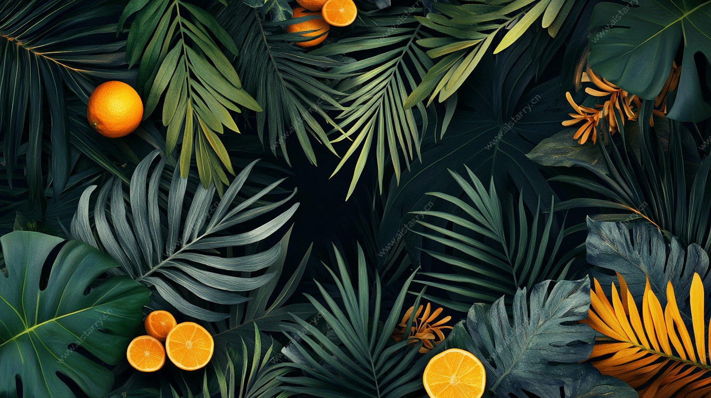 热带植物与鲜橙背景图