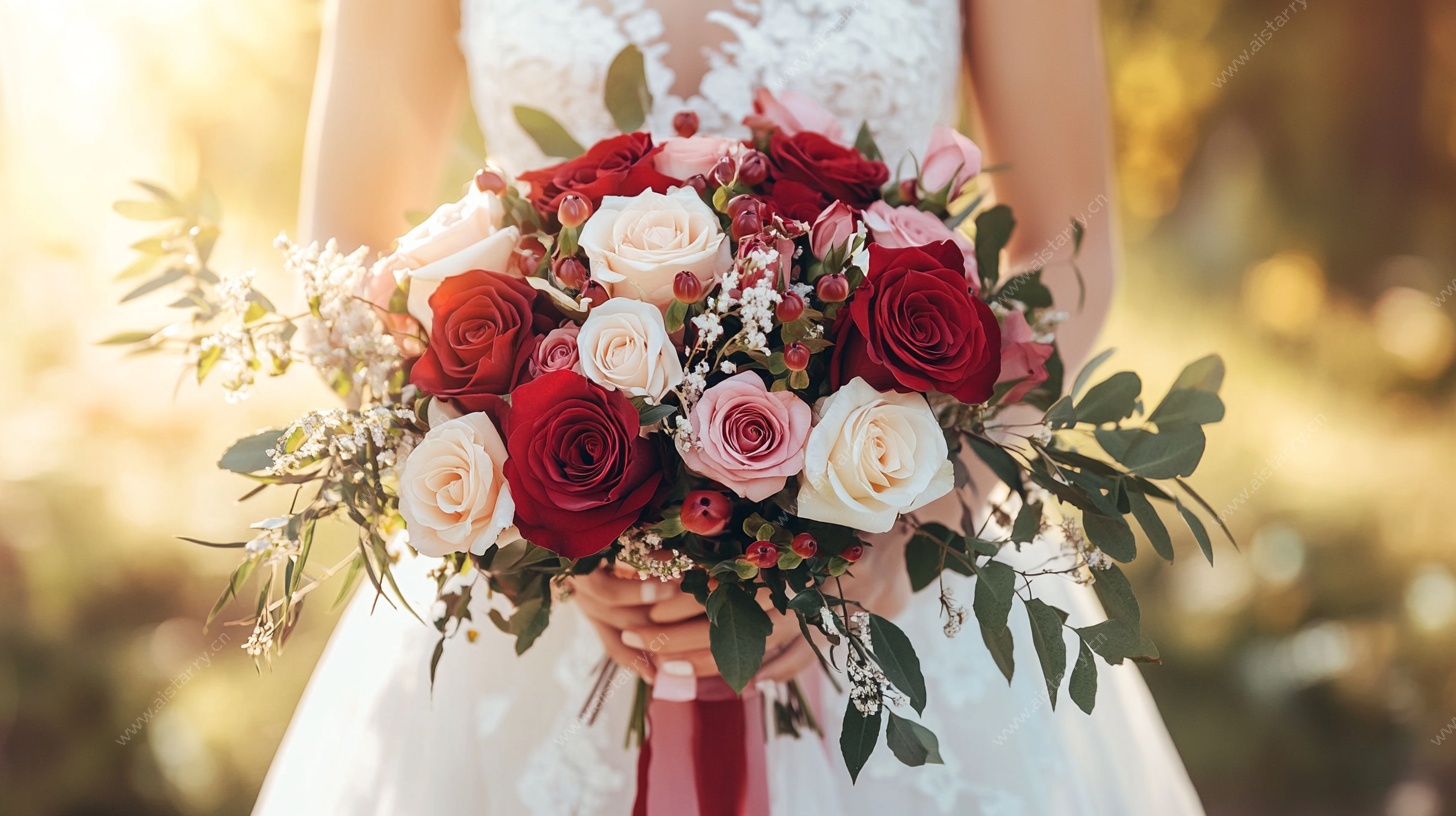 新娘手中的多彩浪漫花束