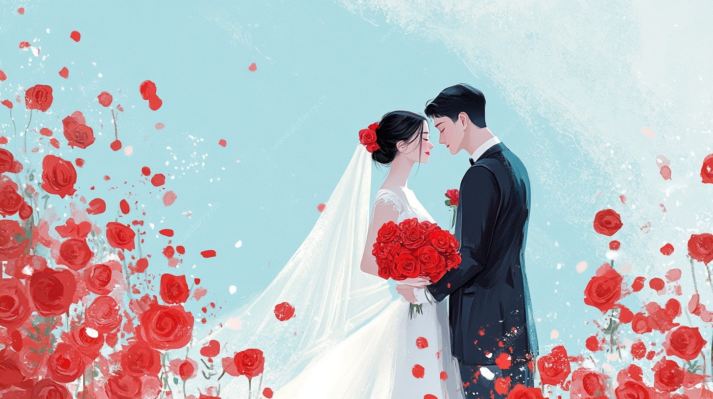 浪漫婚礼插画 新人甜蜜相拥