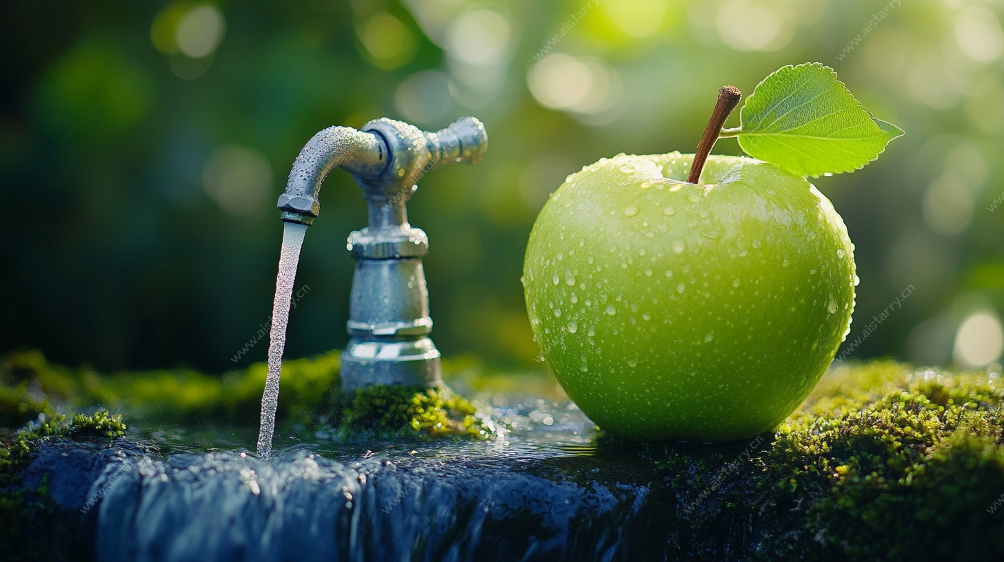 水龙头旁的鲜绿苹果