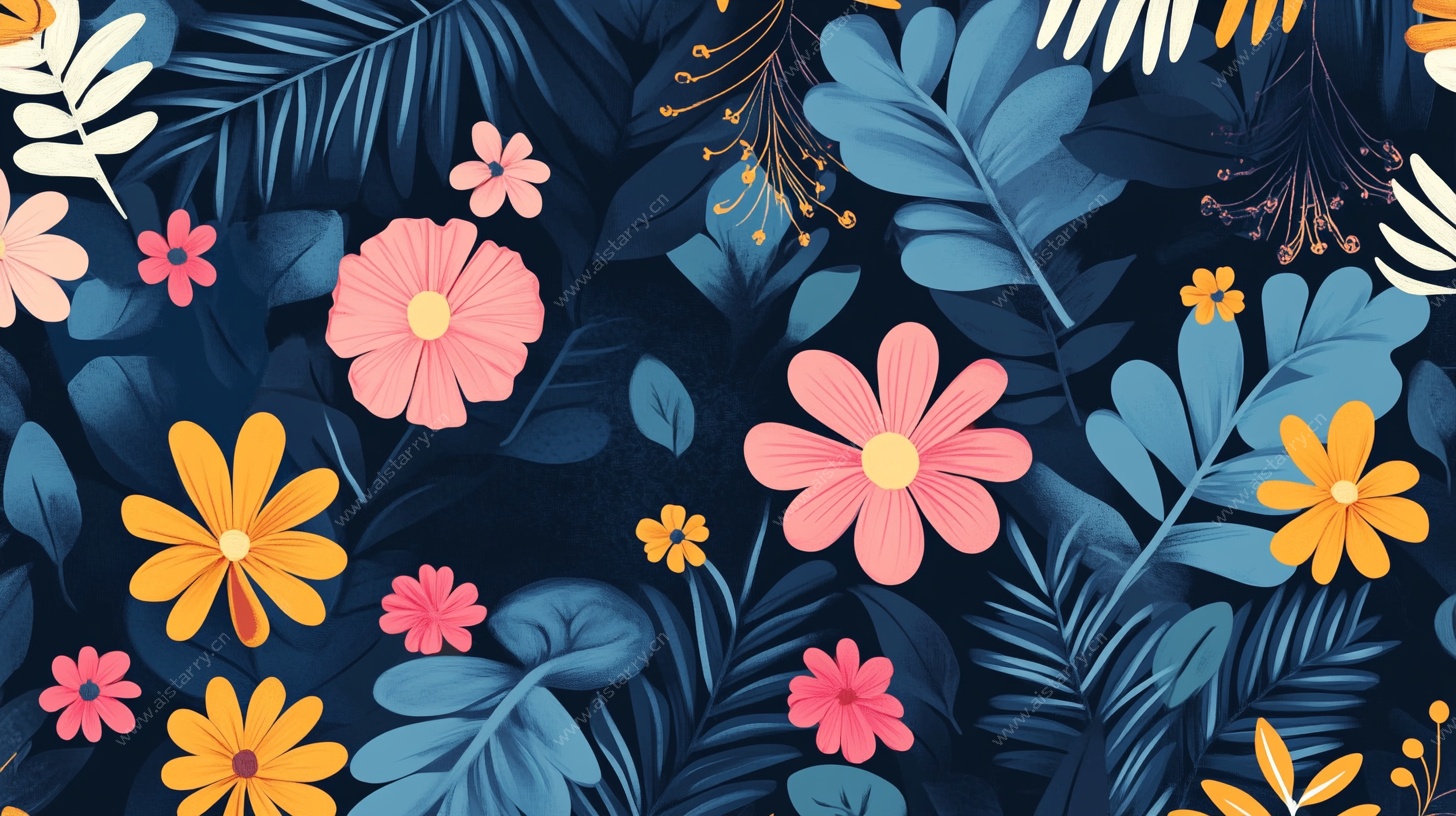 深蓝背景花卉植物图案