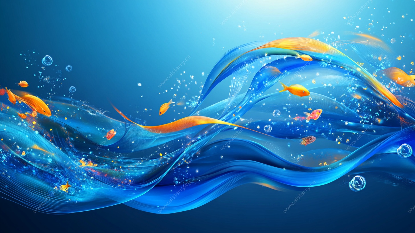 灵动金鱼游弋于蓝色波浪间