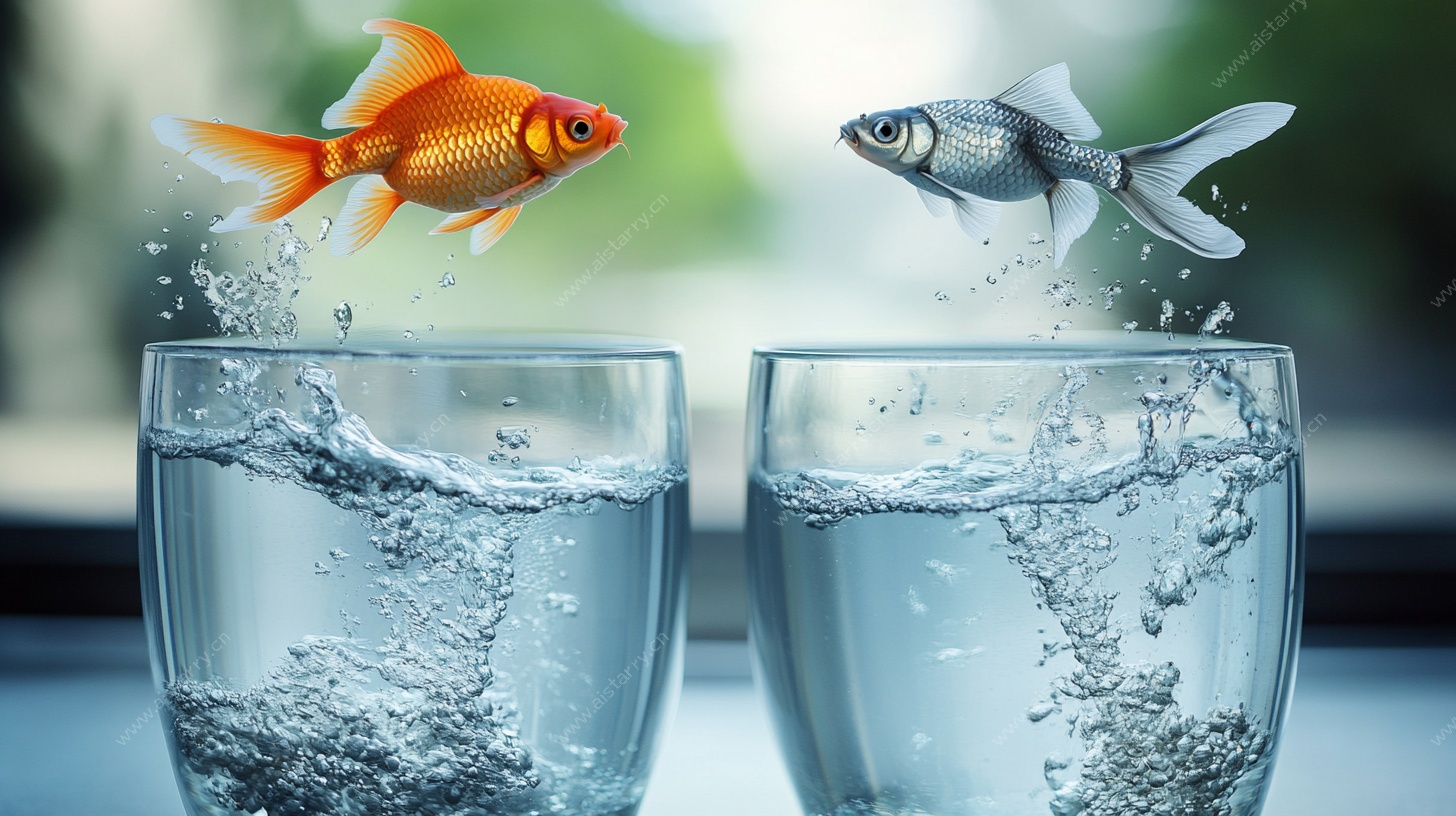 金鱼跨越水杯奇幻瞬间