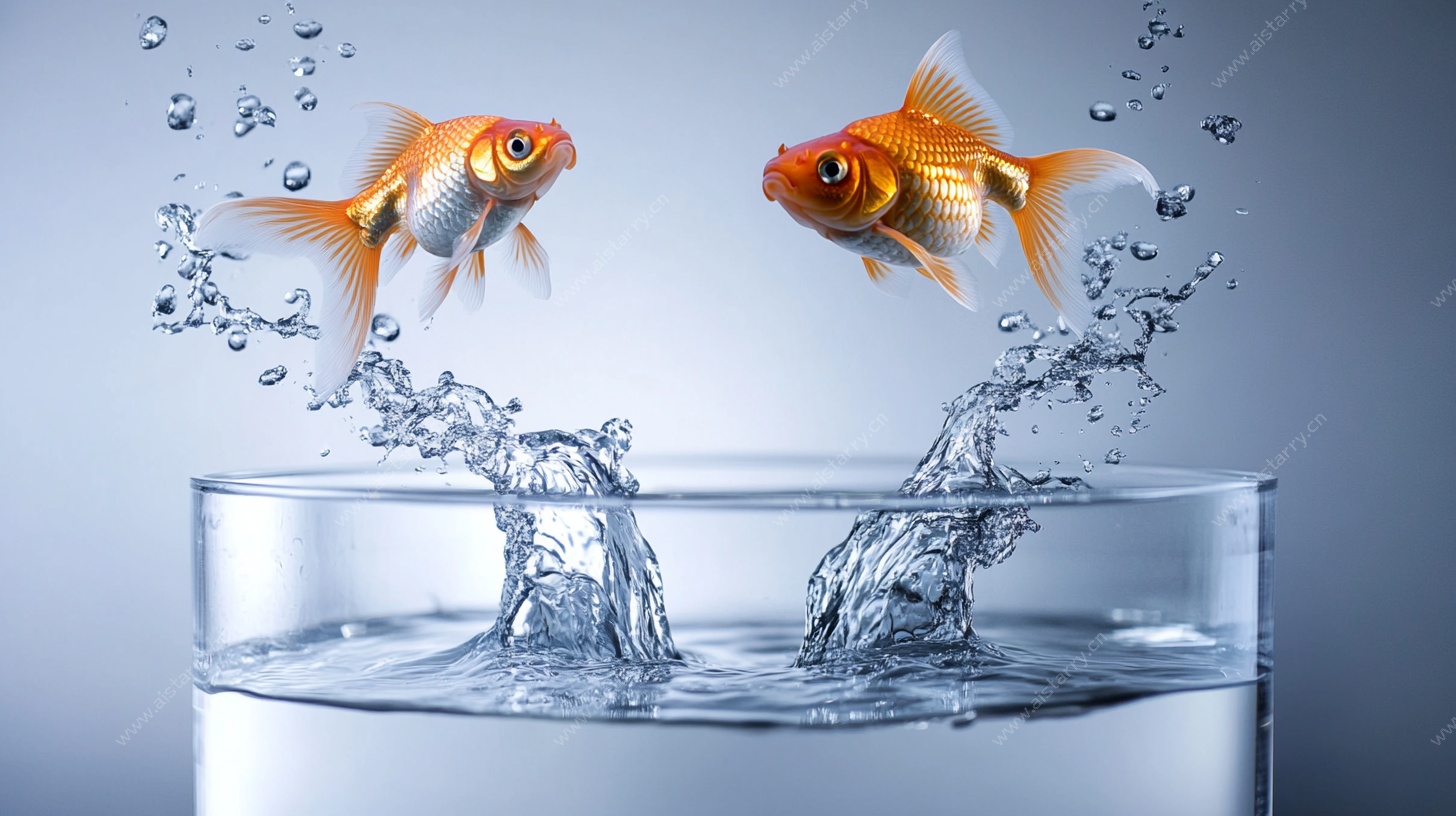 金鱼跃出玻璃缸瞬间