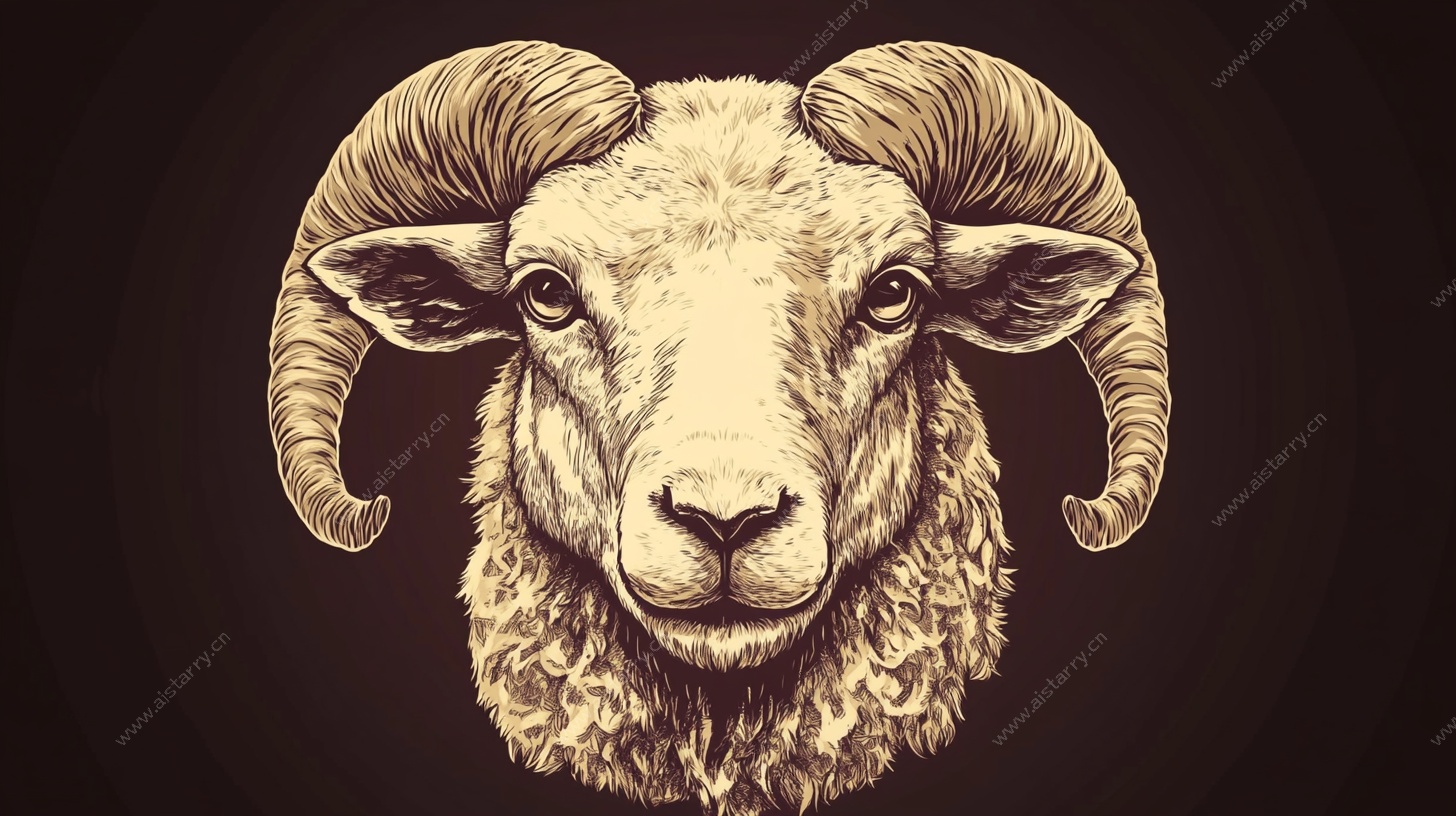 手绘大角羊头像插画
