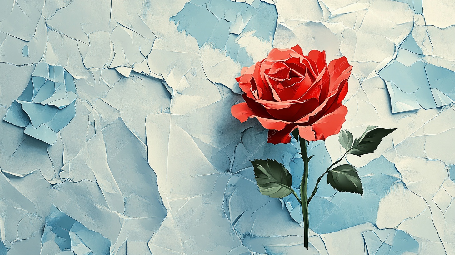 蓝底褶皱上的红玫瑰