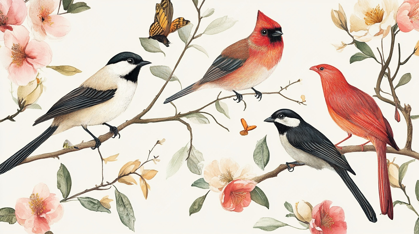 枝头鸟儿与繁花图