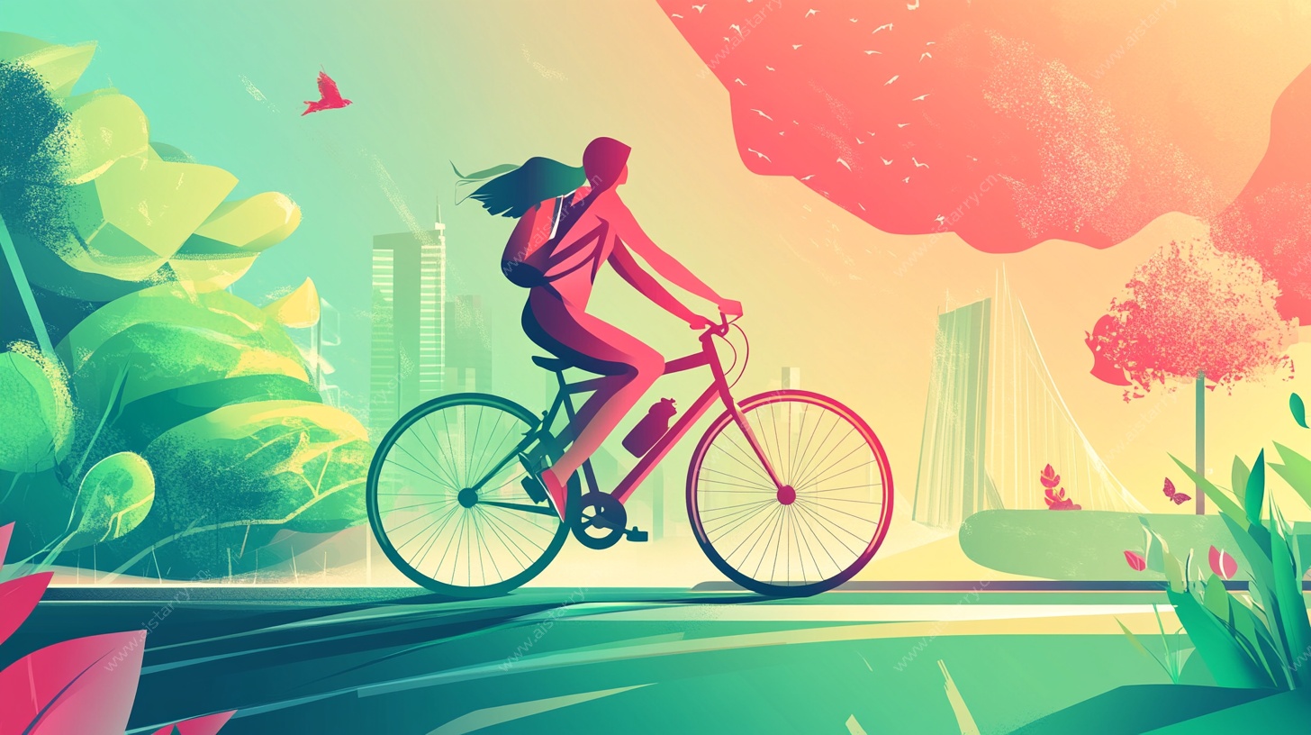 女孩骑行于多彩风景中