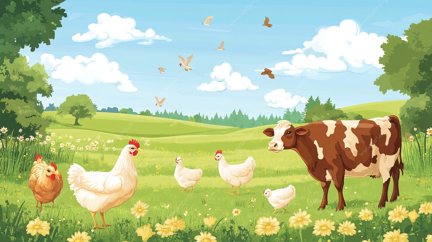田园牧歌 鸡牛共栖的悠然景致