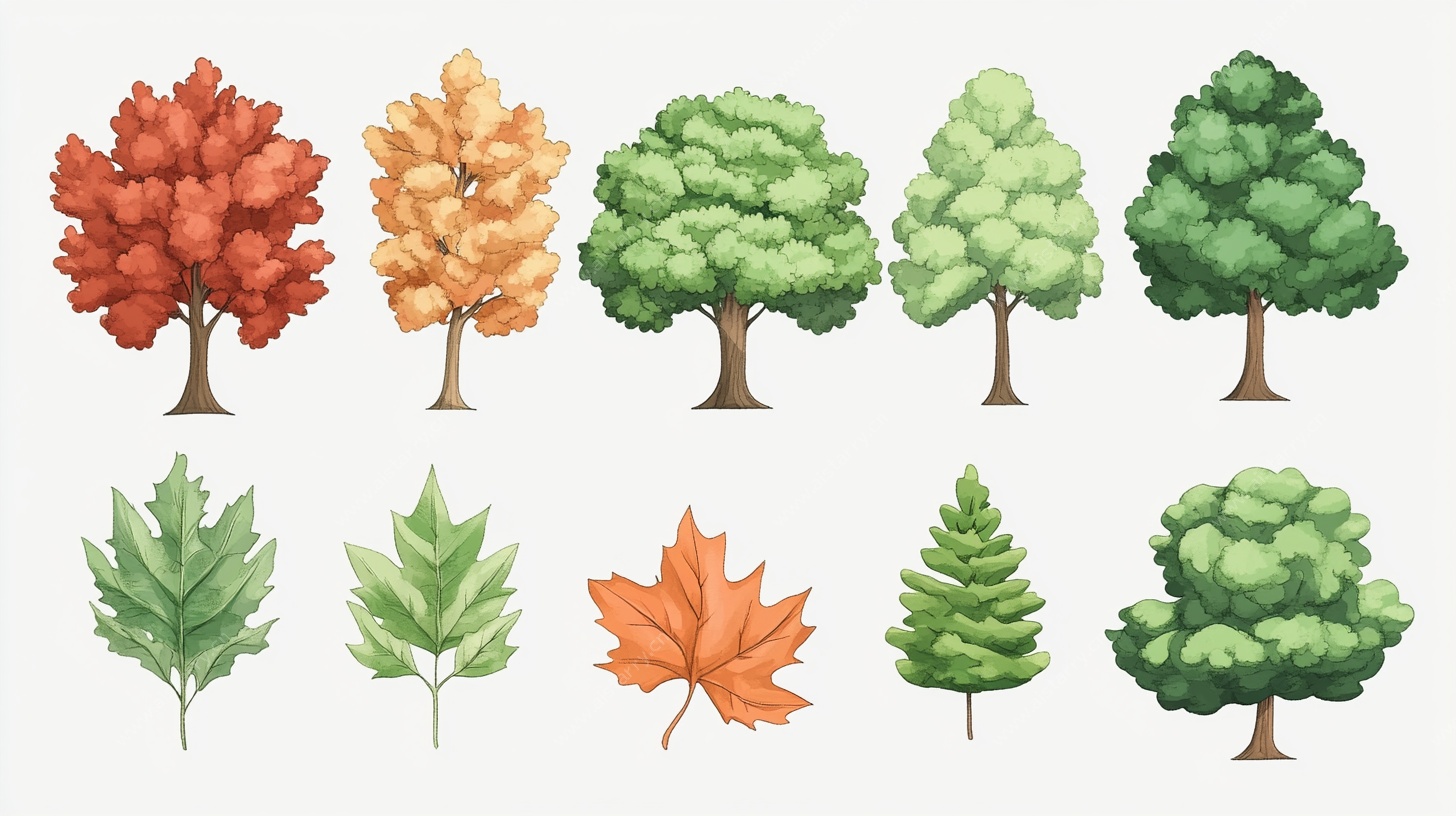 多样树木与秋叶插画集合