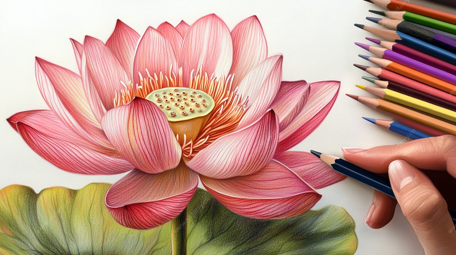 彩铅绘制的娇艳荷花