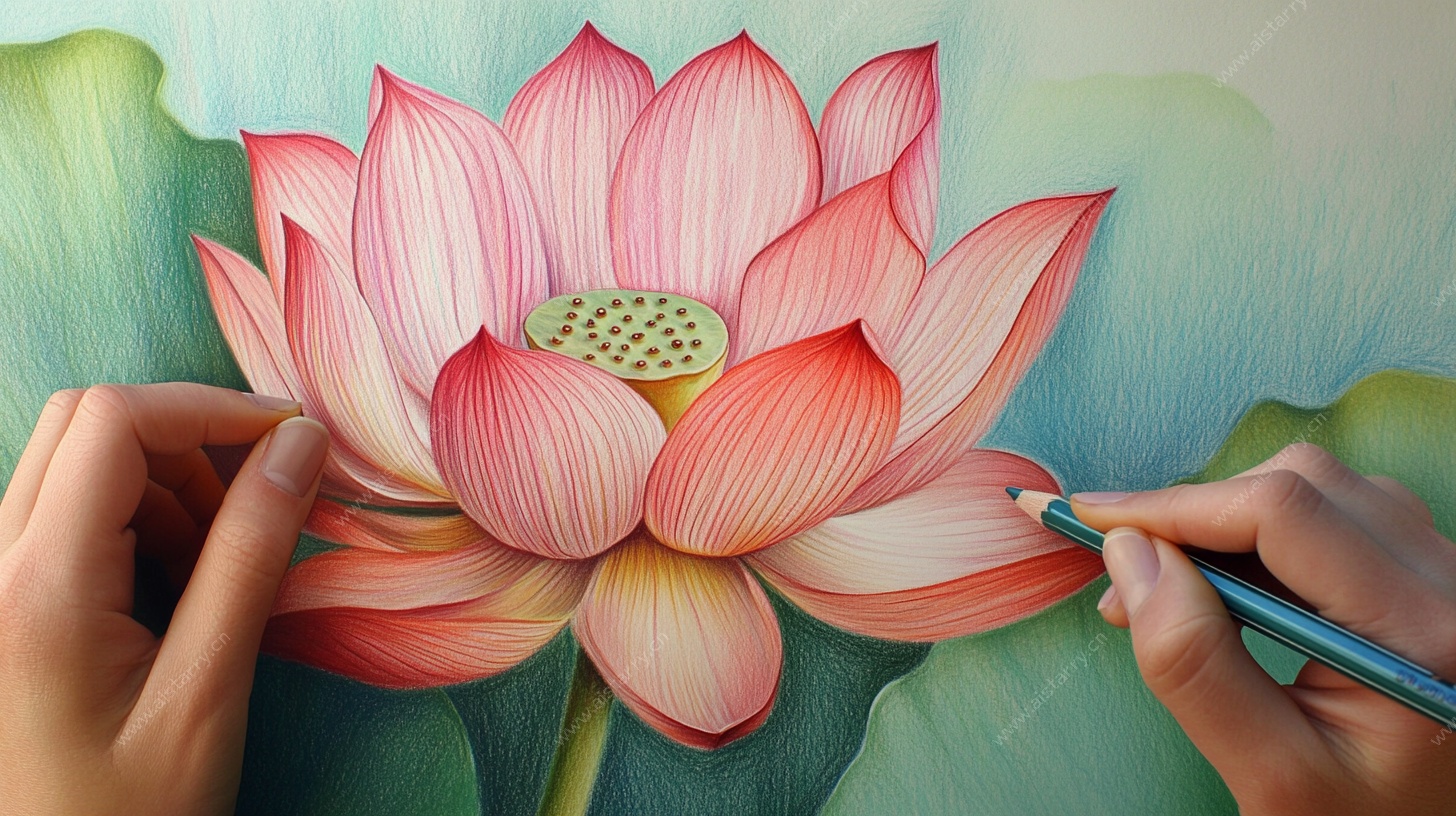 手绘盛开莲花创作瞬间