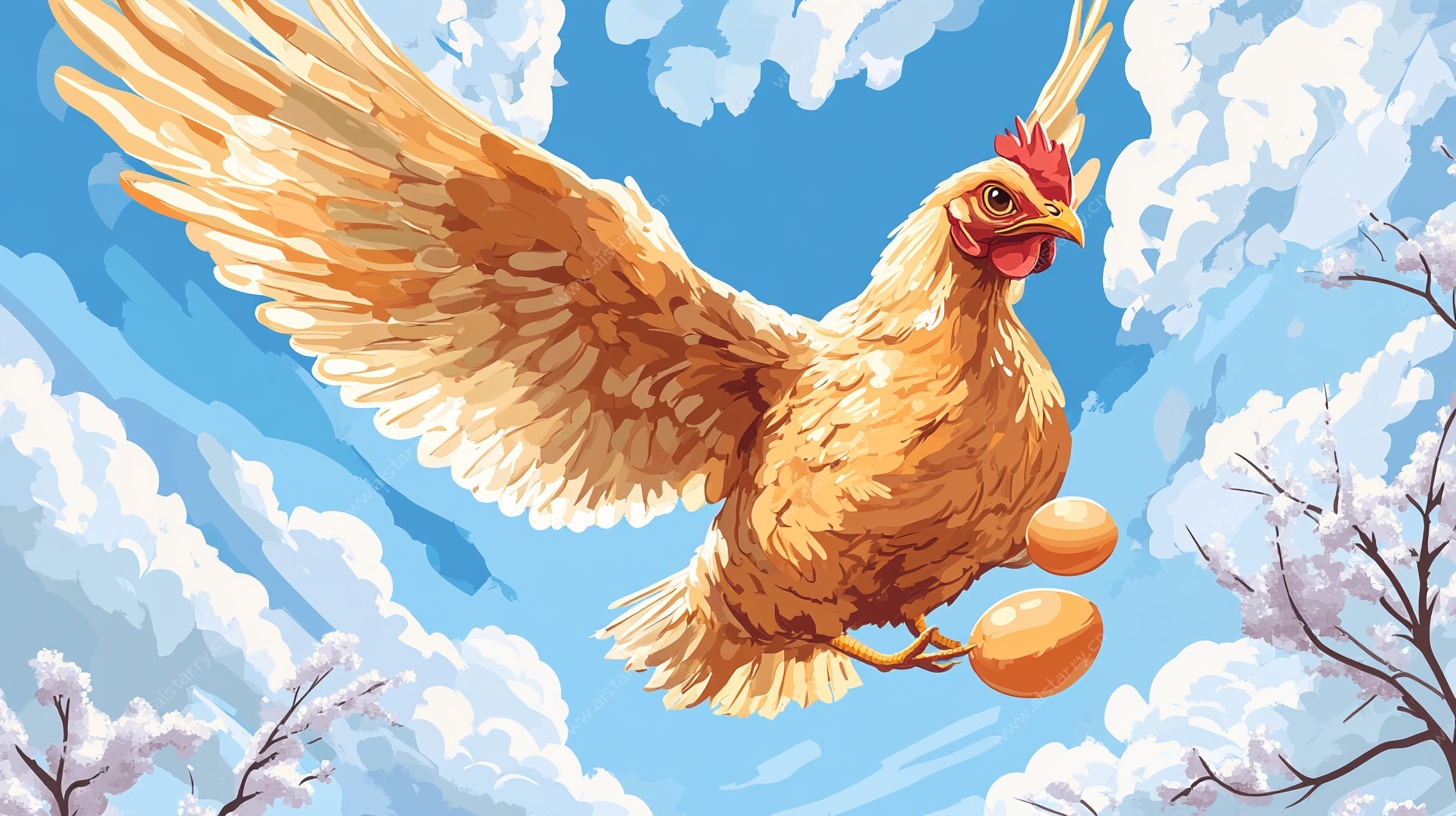 飞翔母鸡携蛋于蓝天