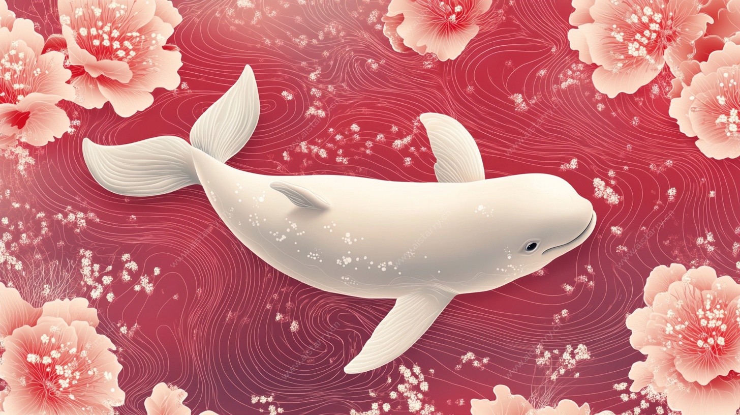 白鲸游弋于繁花背景中