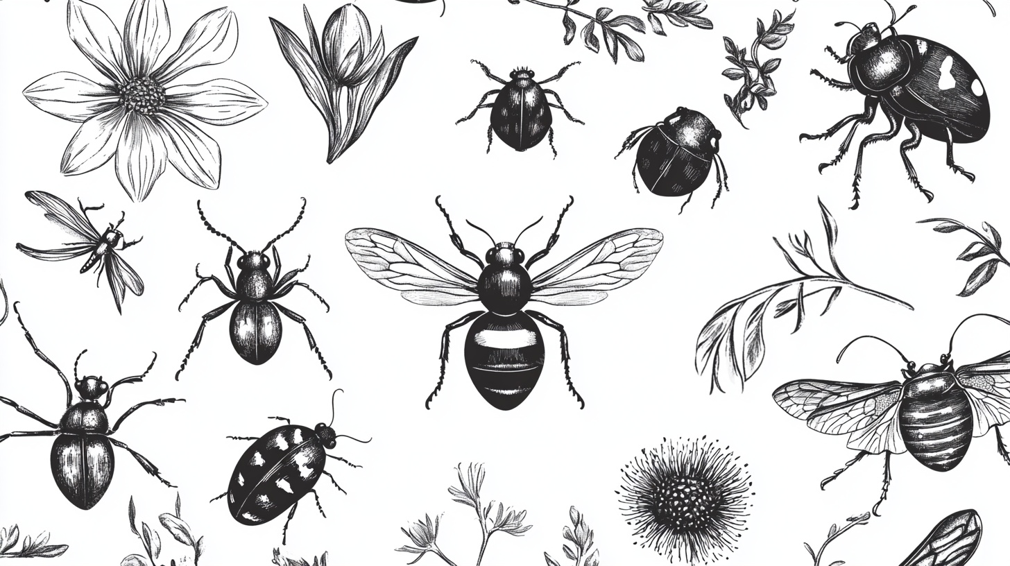 黑白昆虫花卉插画图案