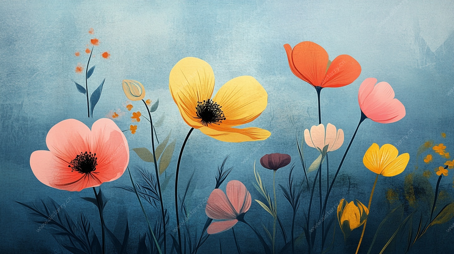 蓝色背景下的多彩花卉