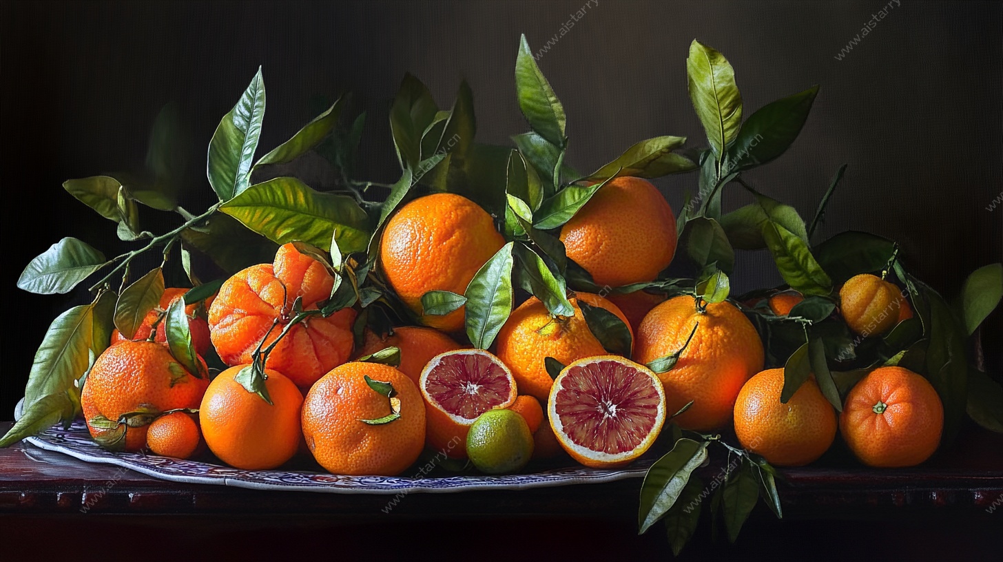 橙果绿叶静物摆拍图