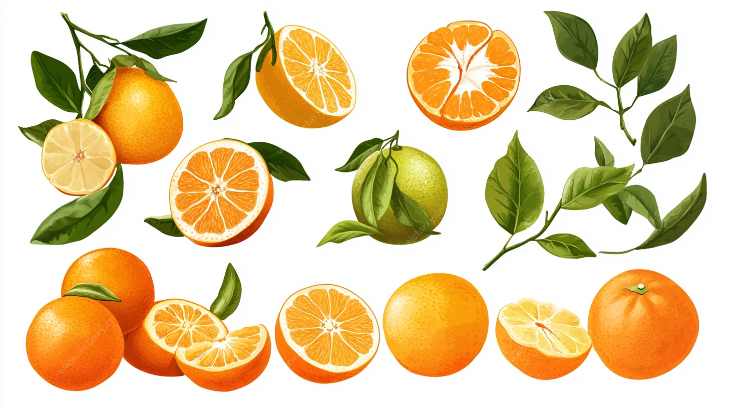 新鲜柑橘类水果插画展示