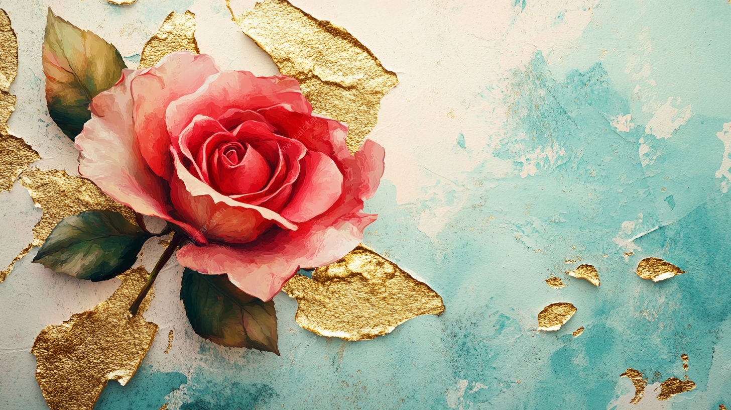 玫瑰绽于金箔蓝调背景