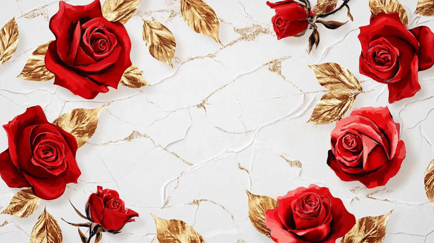 红玫瑰与金叶大理石背景图