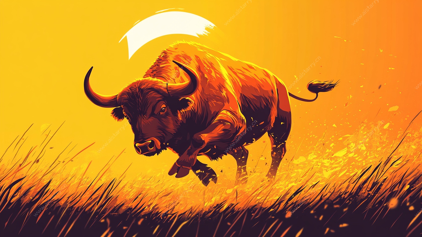 奔跑的公牛夕阳下的力量