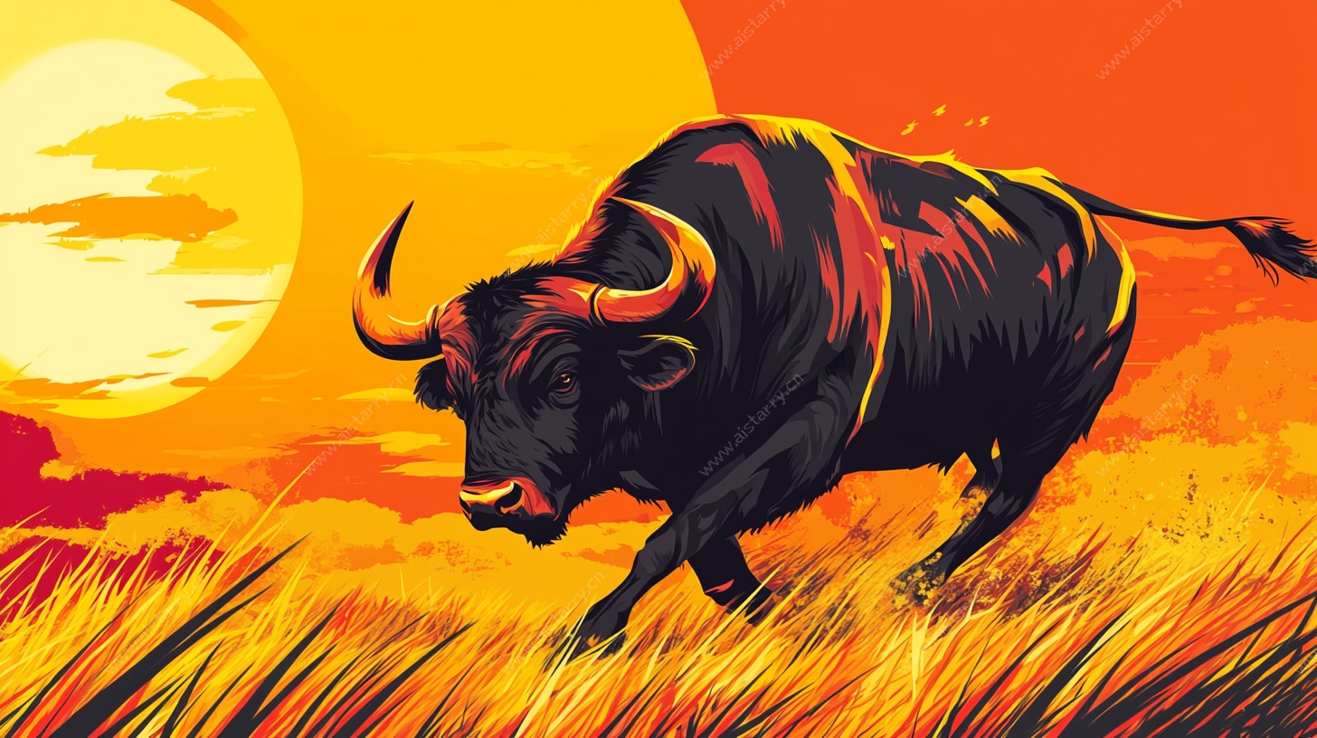 奔跑的公牛与落日景象