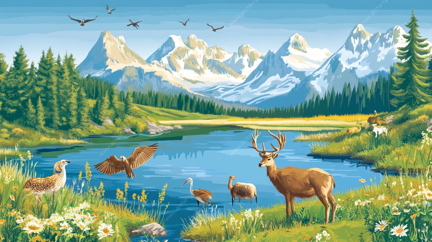 湖畔山林间的动物欢聚