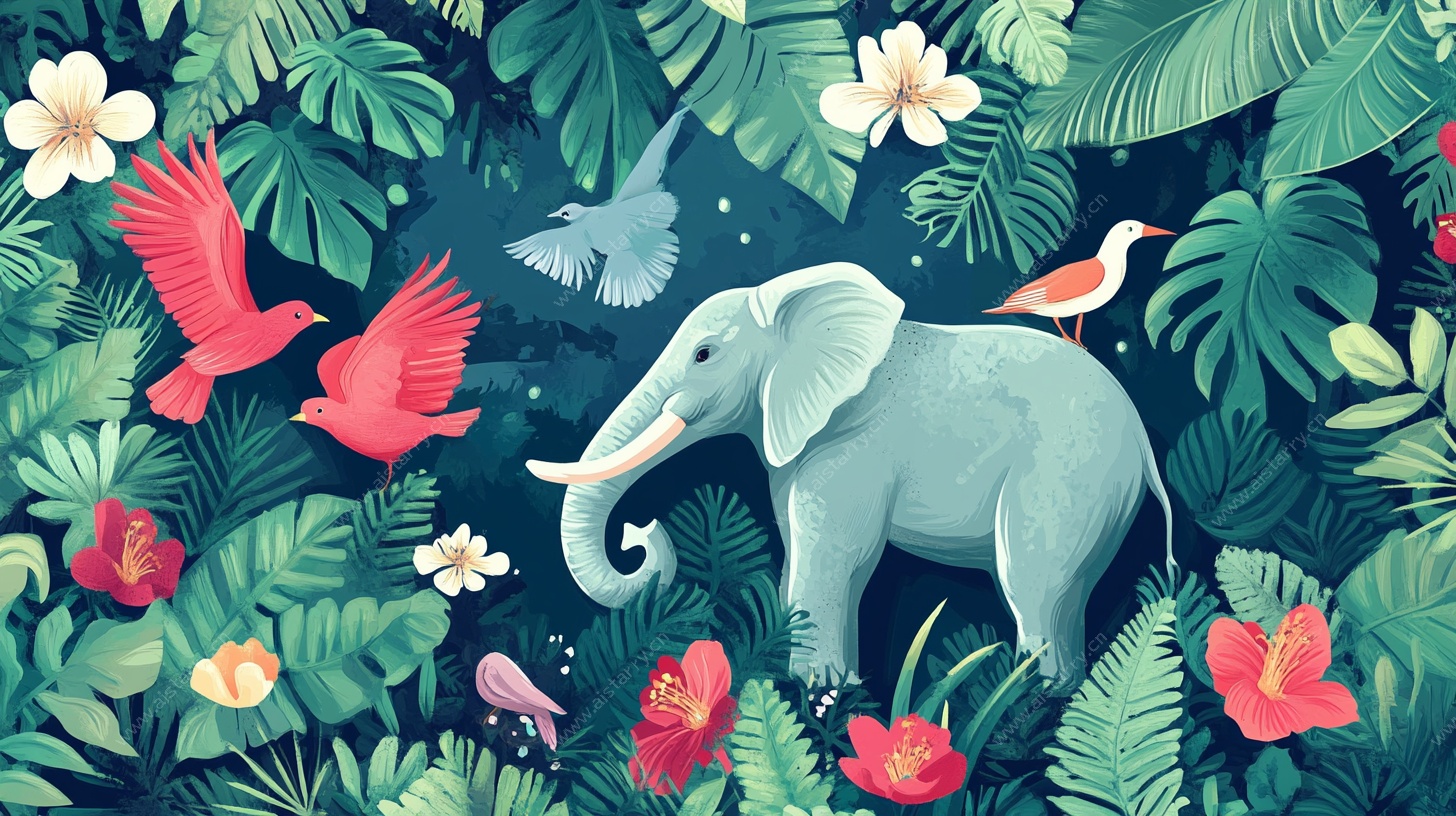 大象漫步于热带植物间