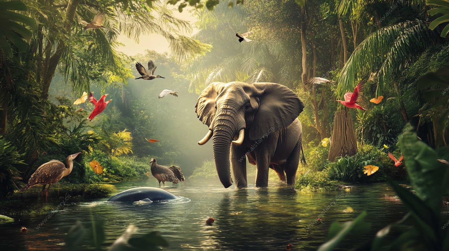 大象漫步于奇幻雨林