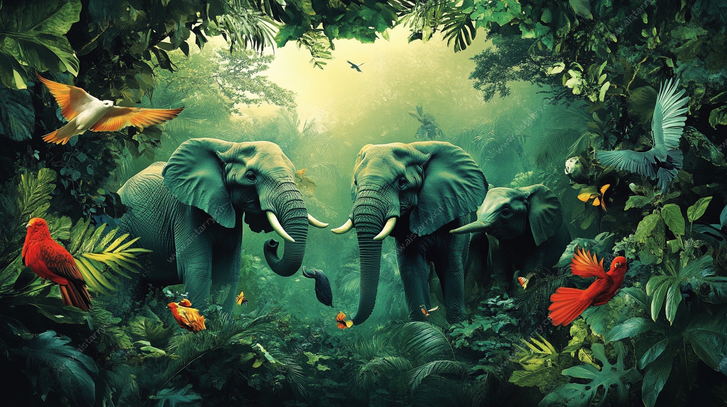 丛林中的大象与多彩生灵