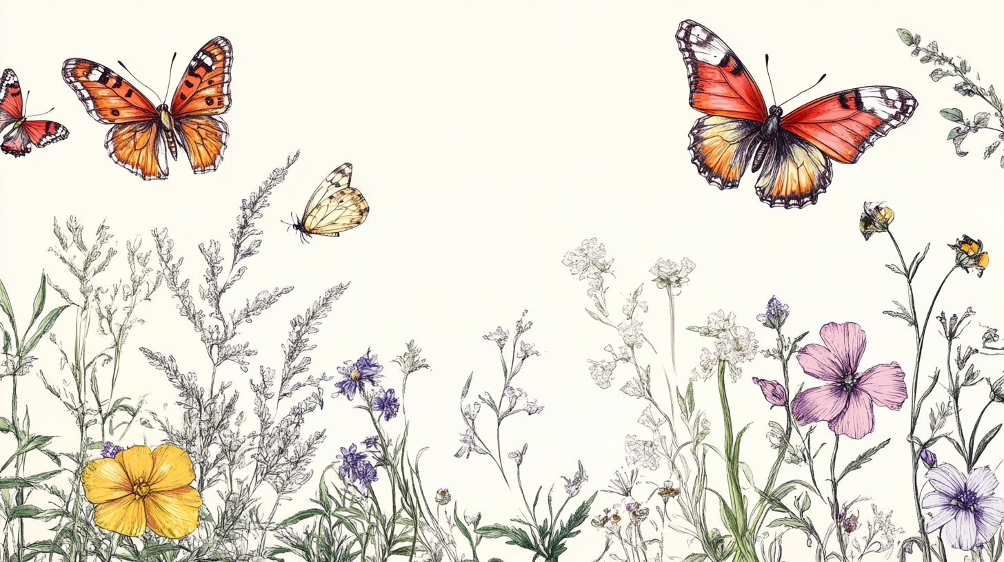 蝴蝶飞舞于花草间插画