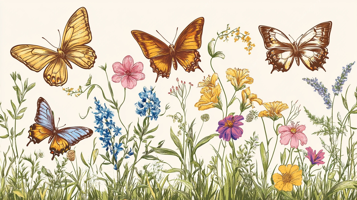 蝴蝶在花丛中飞舞插画