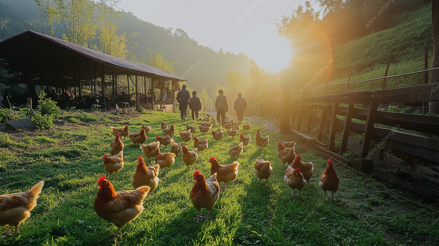 夕阳下的田园养鸡场景